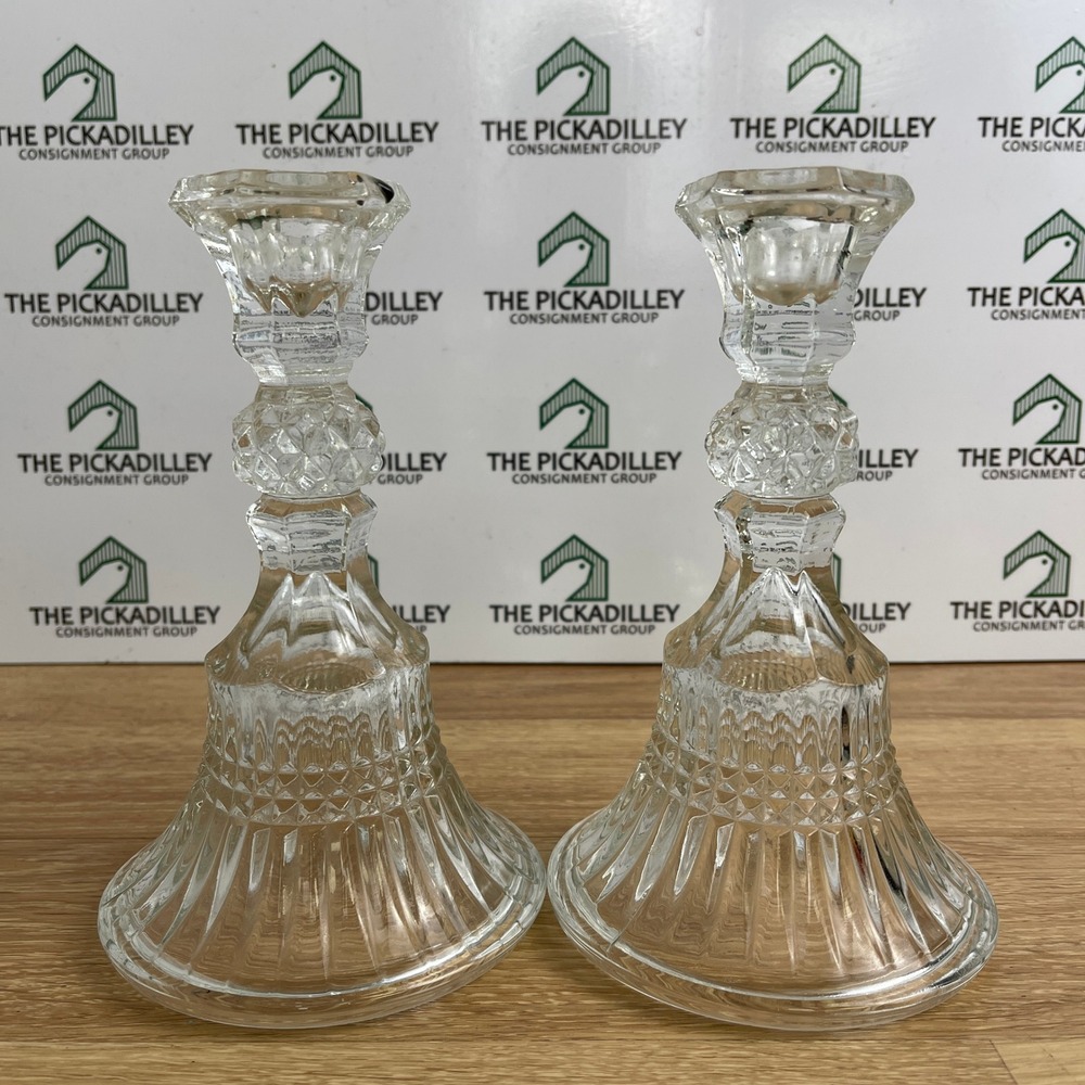 Vintage Indiana Clear Pressed Glass Taper Candlestick Holders Pair 7.5in